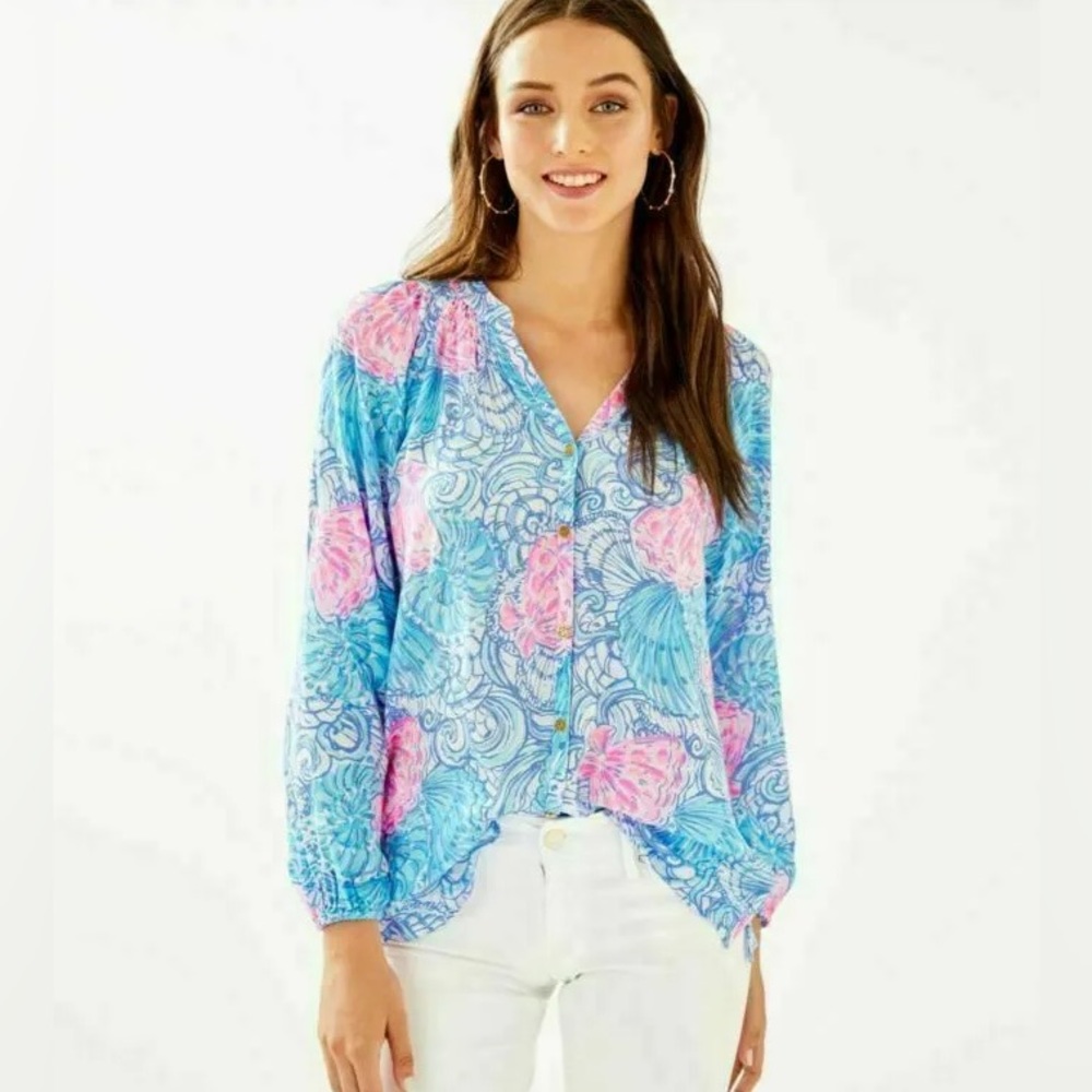 Lilly Pulitzer Blue Pink Floral V-Neck Blouse